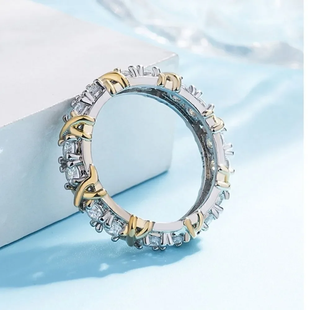 Exquisite Dual Color X Ring Platinum Plated Rhinestone Women Jewelry Accessories